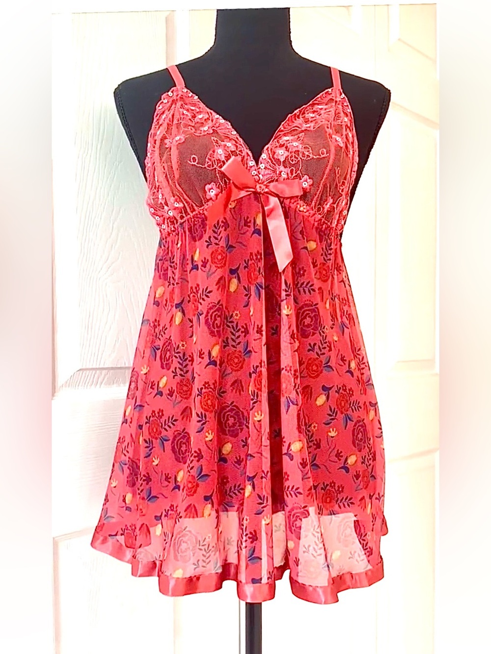 INTIMATE APPAREL ~ Elegant Sheer Red Floral Chemise w/Sequins and Matching Thong